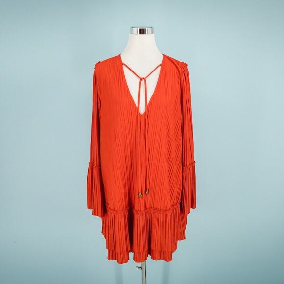 Free People Size Small S Red Can't Help It Mini Pleated V Neck Long Sleeve Dress - Picture 1 of 9